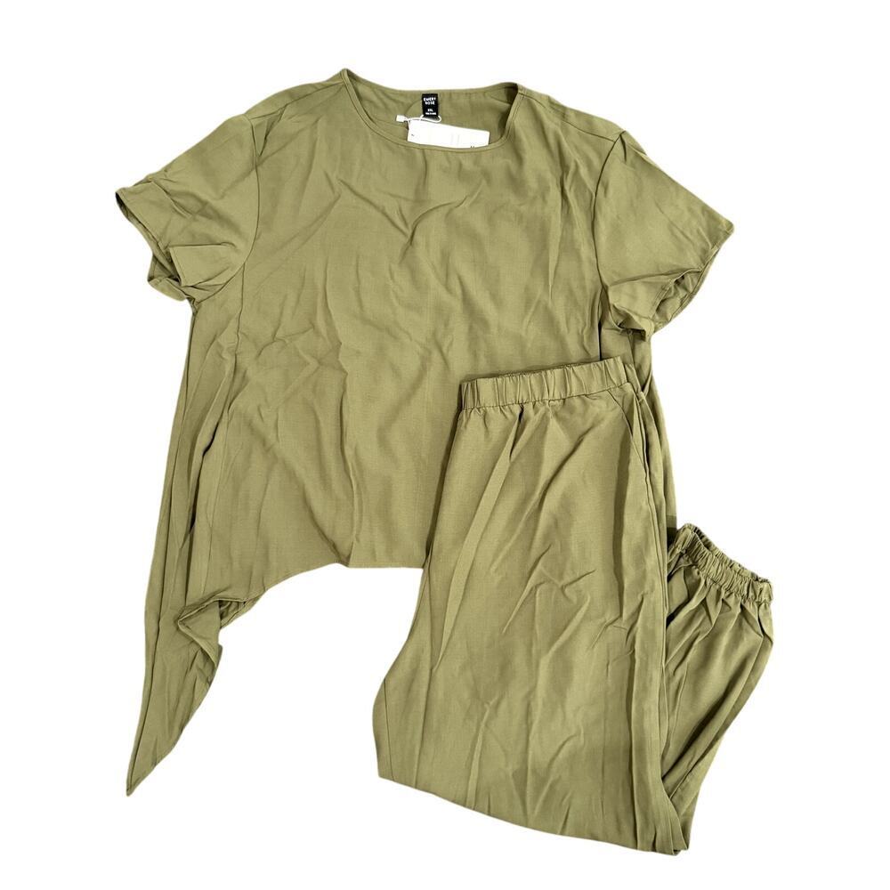 Women's 2 Piece Set Tie Blouse & Elastic Waist Pants in Olive Green, Size 2XL​​